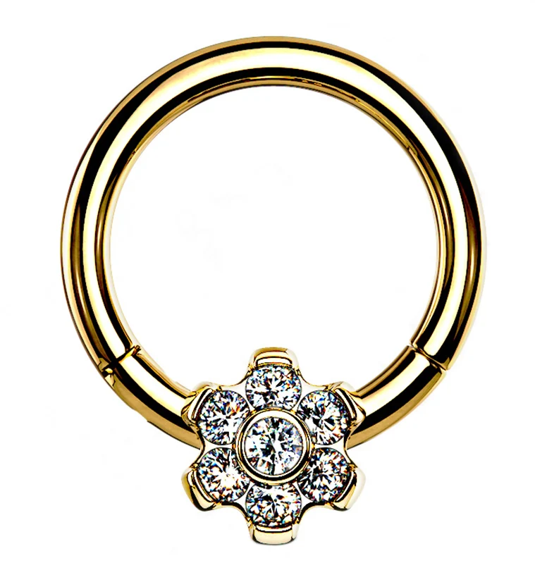 Gold PVD Frontal Flower CZ Hinged Segment Ring - Mrs Treak