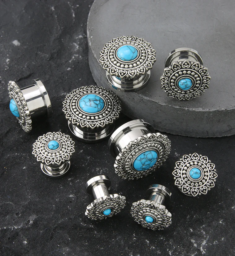 Florid Howlite Turquoise Stainless Steel Plugs - Mrs Treak