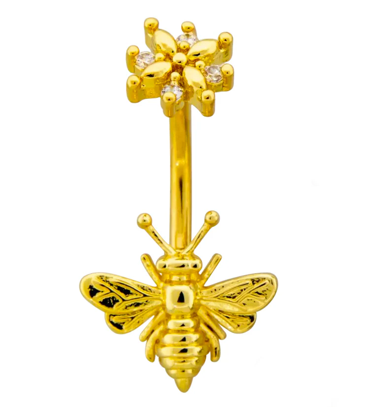 Gold PVD Bee Flower Top CZ Stainless Steel Belly Button Ring - Mrs Treak