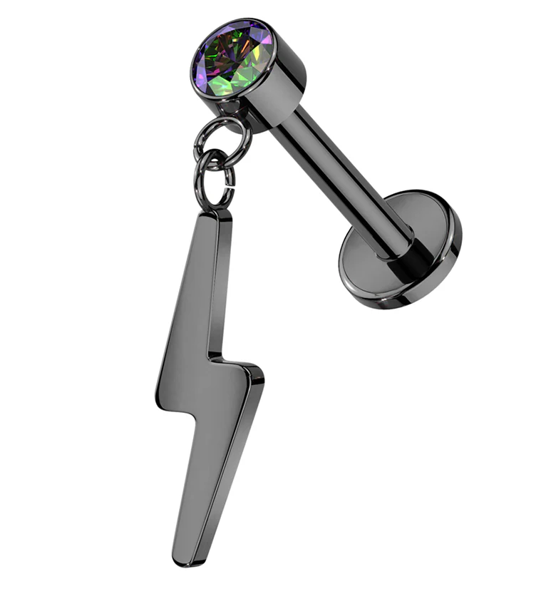 Black PVD Electric Bolt Dangle Black Aurora CZ Titanium Threadless Labret - Mrs Treak
