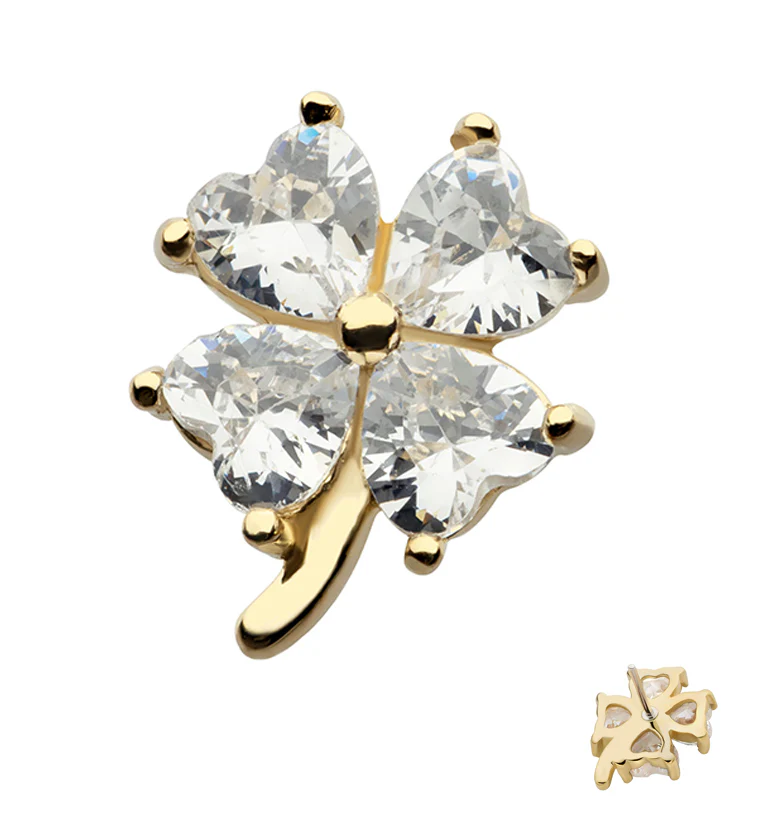 14kt Gold Four Leaf Clover Clear CZ Threadless Top - Mrs Treak