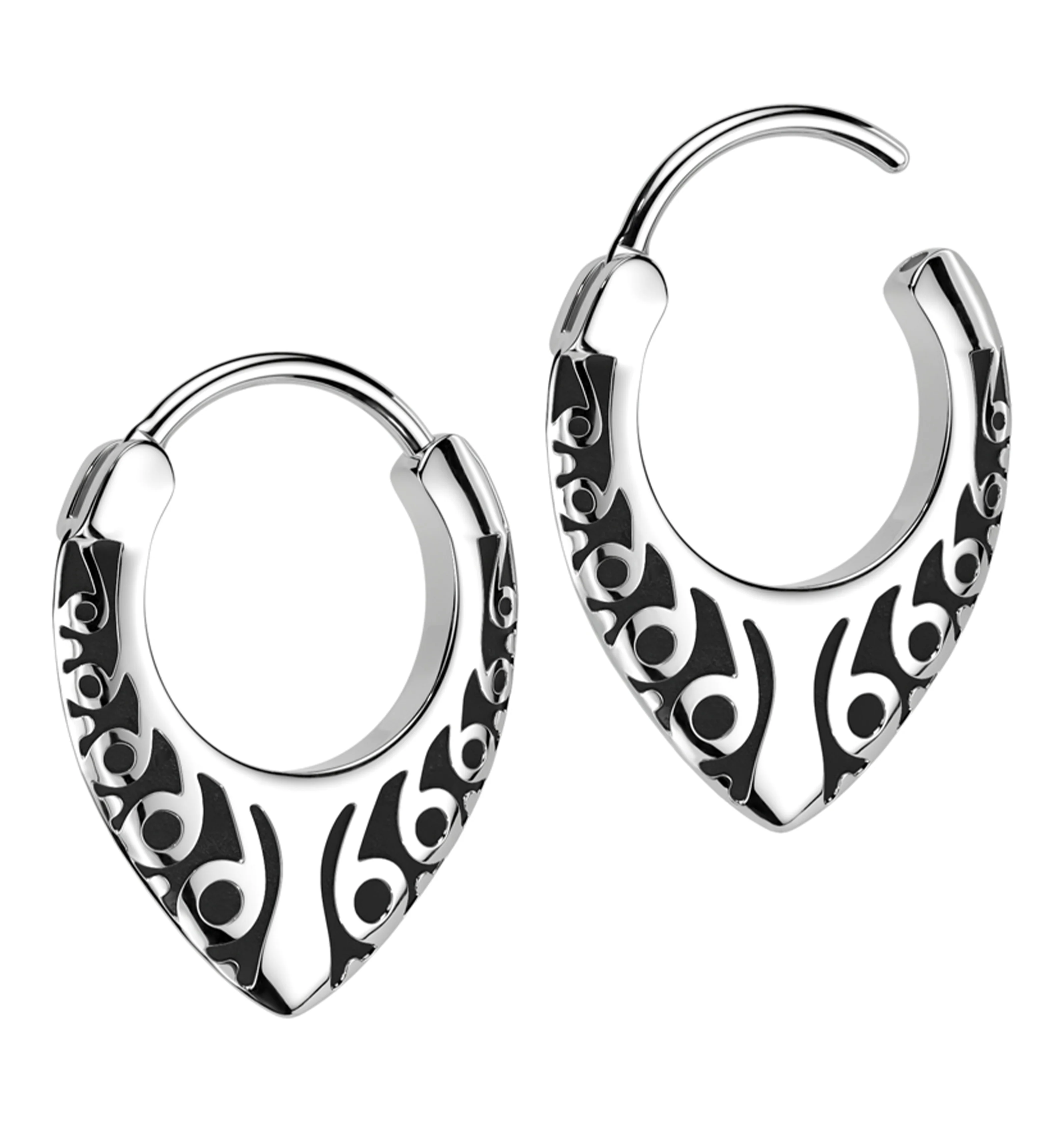 Tribal Teardrop Stainless Steel Hinged Hoop Earrings - Mrs Treak