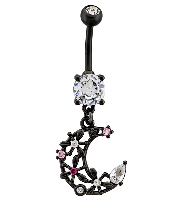 Black PVD Floral Moon CZ Stainless Steel Belly Button Ring - Mrs Treak