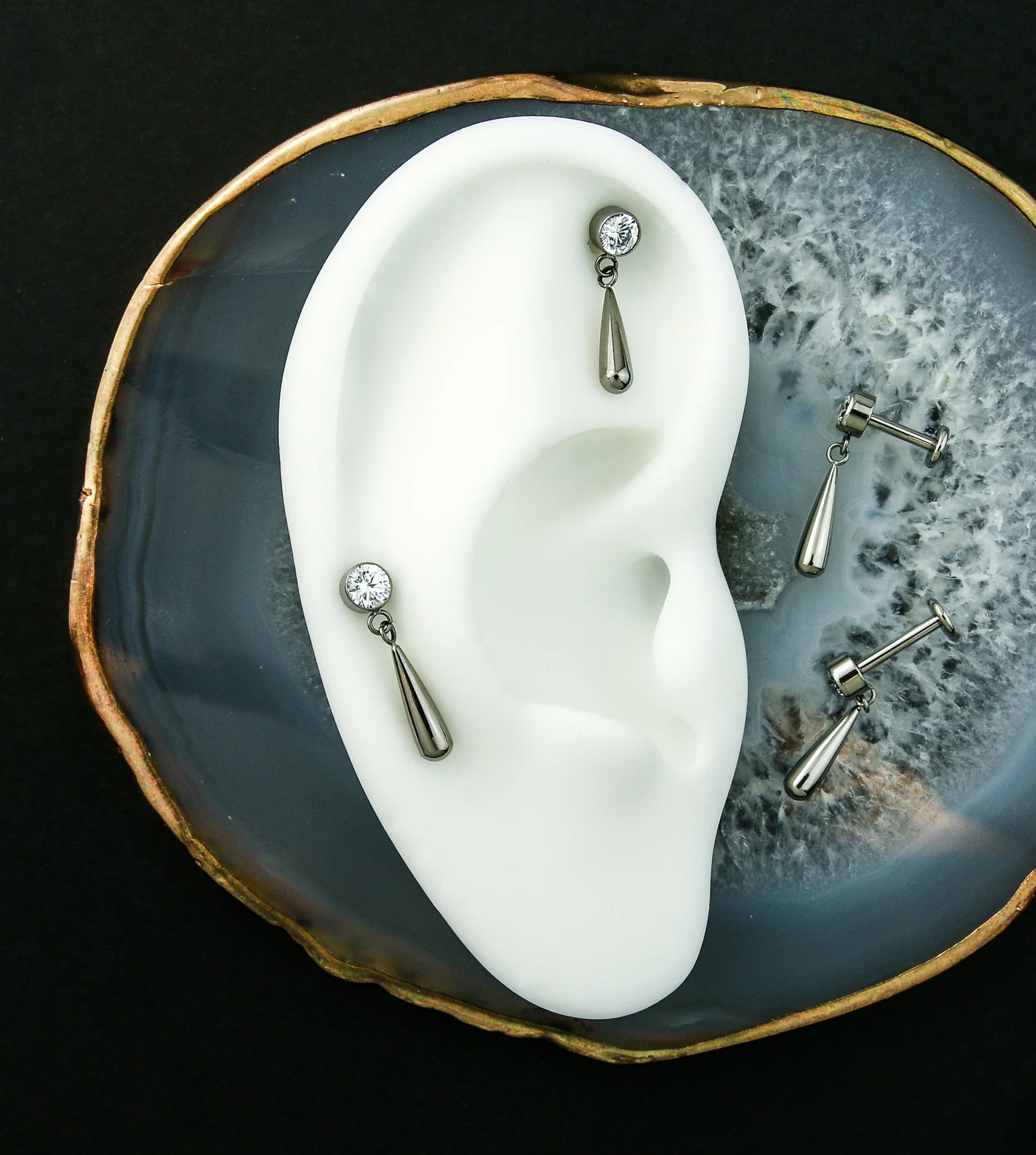 Clear CZ Dangle Teardrop Internally Threaded Titanium Labret - Mrs Treak