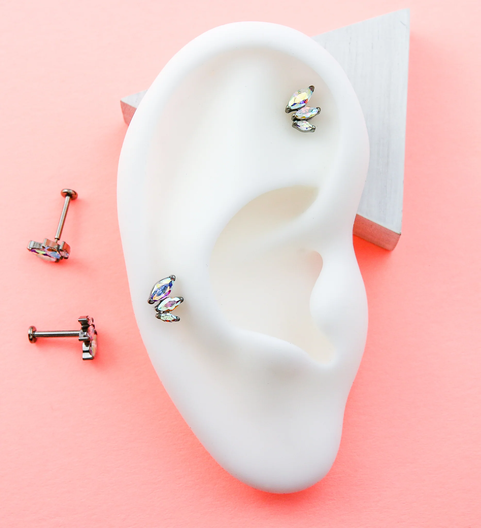 Triple Marquise Rainbow Aurora CZ Titanium Threadless Labret - Mrs Treak