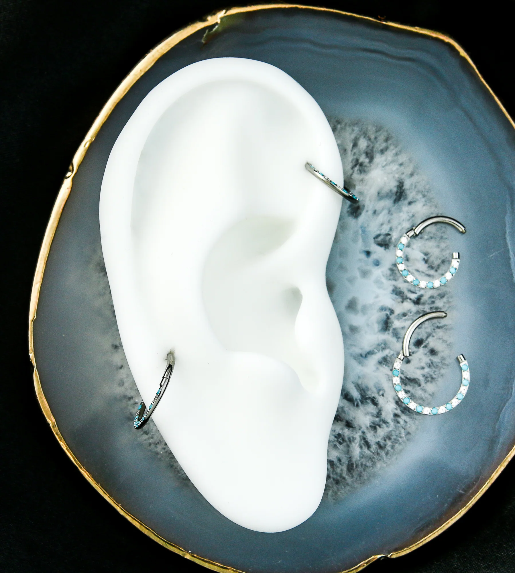 Front Facing Clear CZ Turquoise Titanium Hinged Segment Ring - Mrs Treak