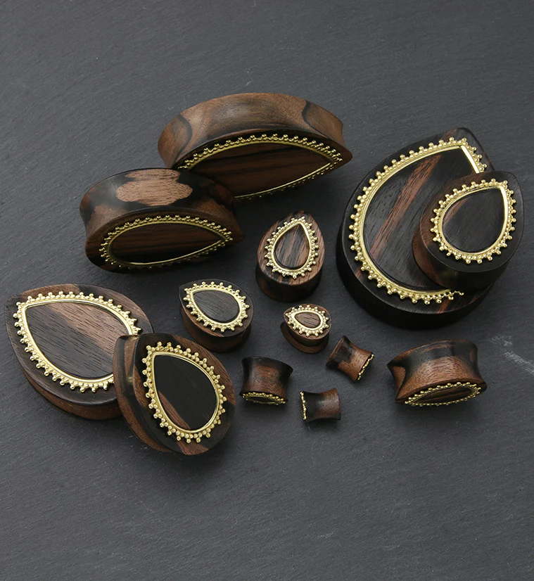 Adorn Brass Inlay Areng Wood Teardrop Plugs - Mrs Treak