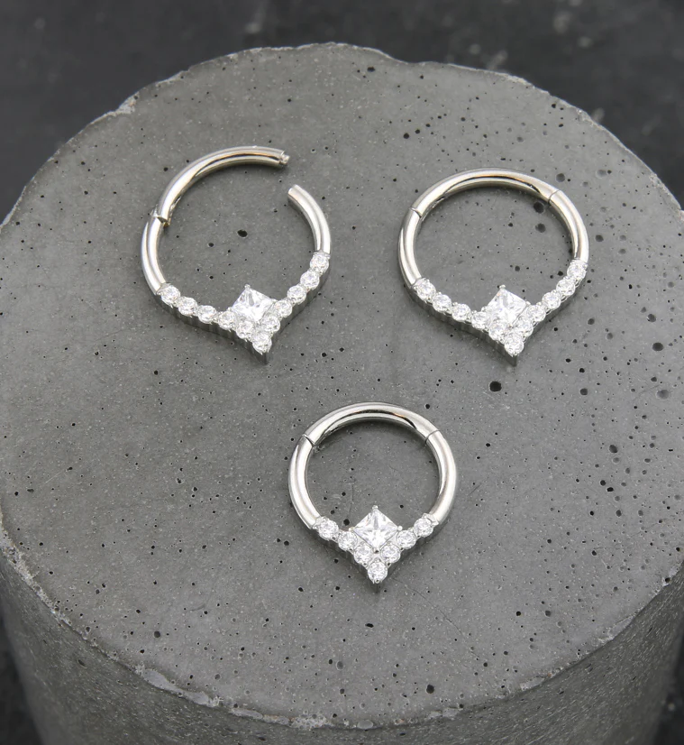 Point Square Clear CZ Titanium Hinged Segment Ring - Mrs Treak