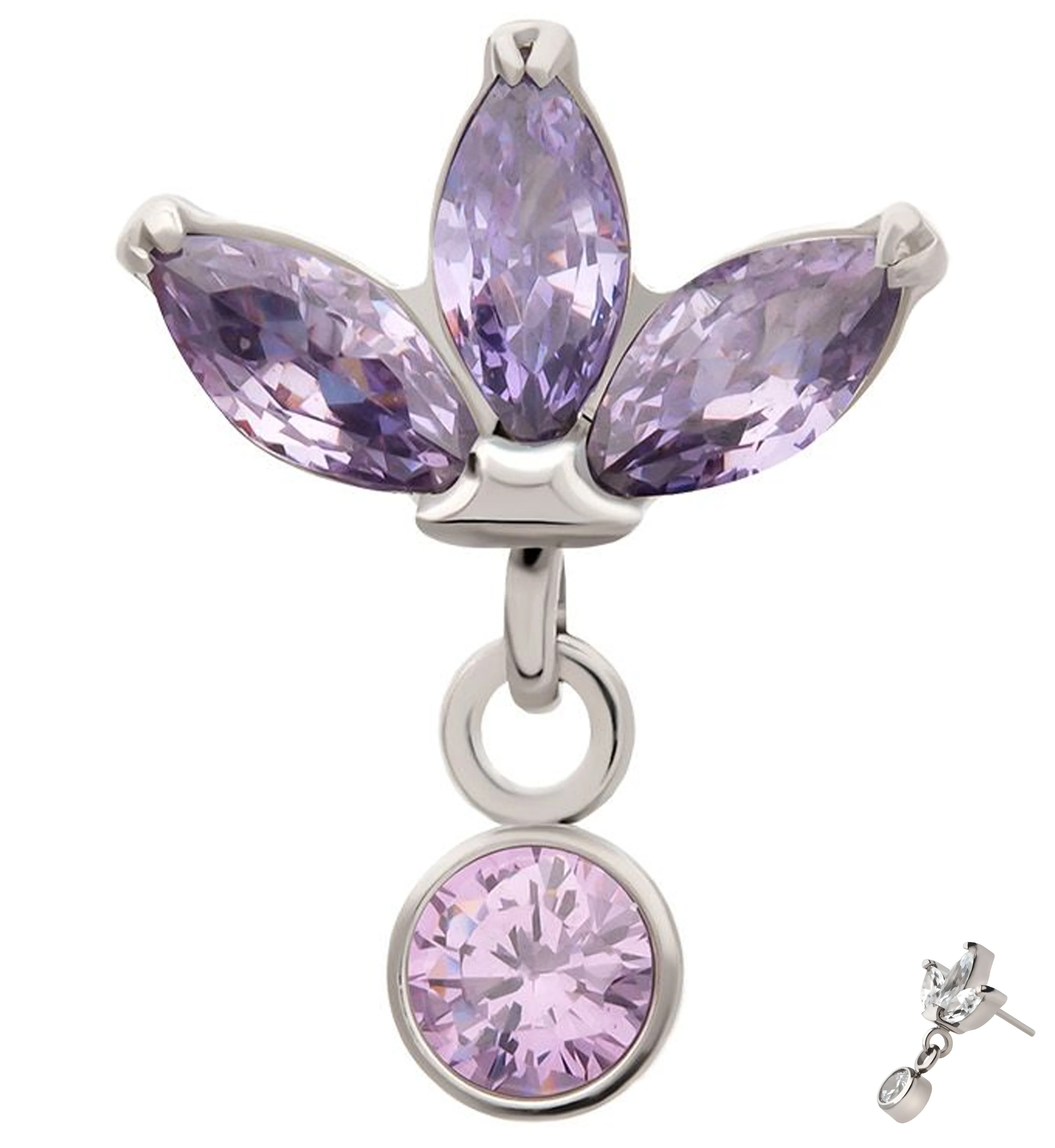 Triple Sepal Marquise Amethyst CZ Bezel Dangle Titanium Threadless Top - Mrs Treak