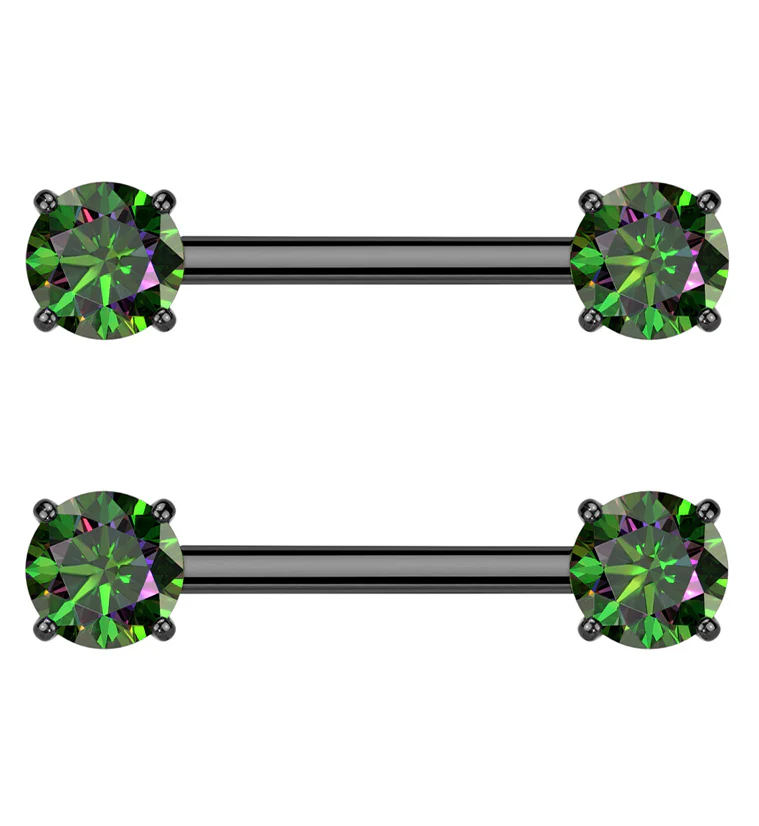 Black PVD Prong Black Aurora CZ Threadless Titanium Nipple Barbells - Mrs Treak
