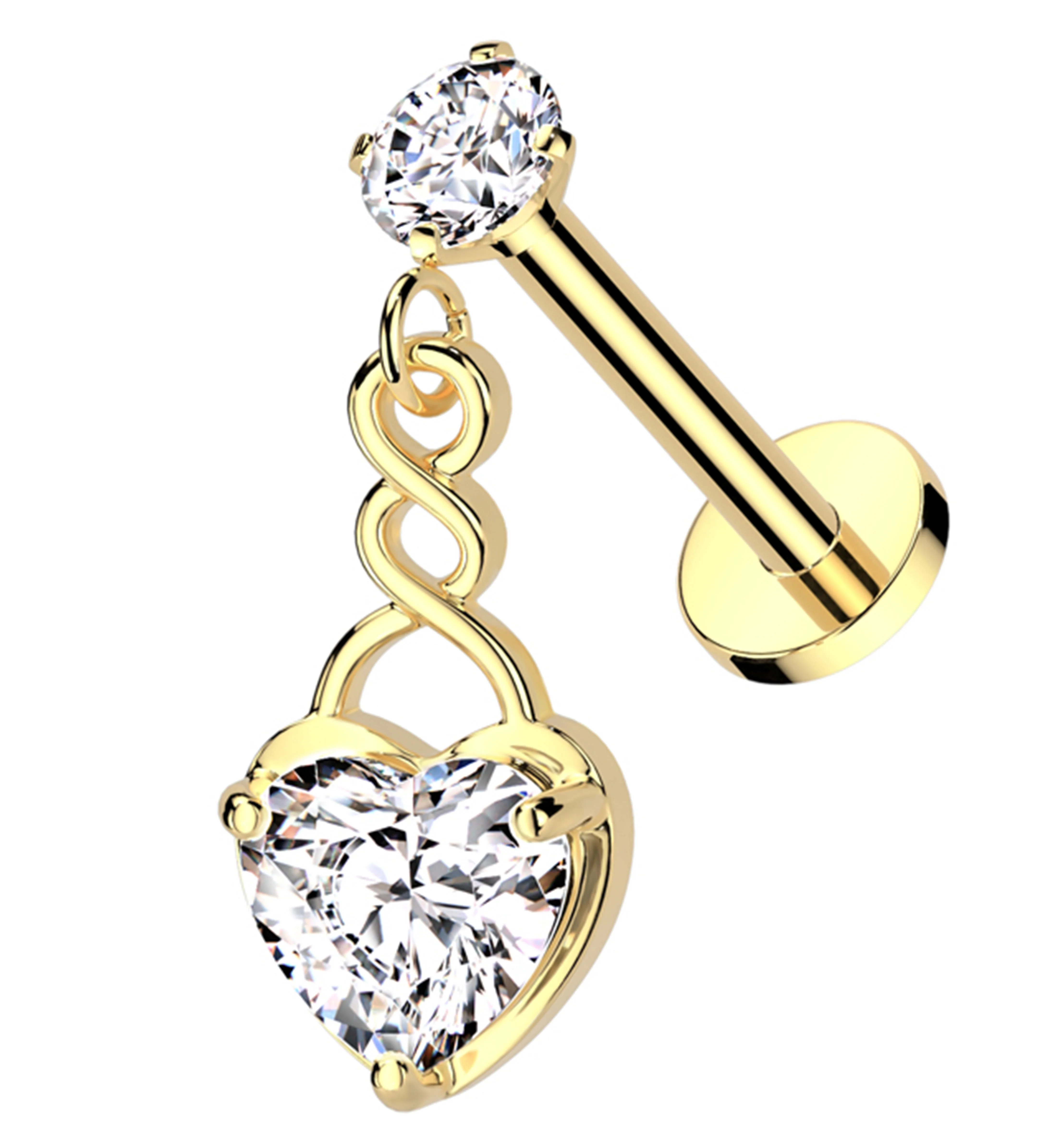 Gold PVD Twisted Dangle Heart Clear CZ Internally Threaded Stainless Steel Labret - Mrs Treak