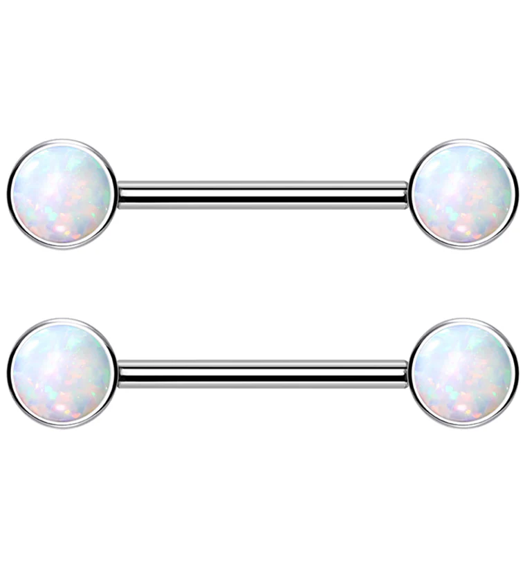 Dual Bezel White Opalite Titanium Threadless Nipple Ring Barbell - Mrs Treak