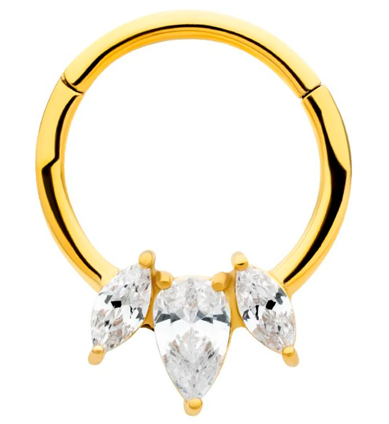 Gold PVD Sepal Clear CZ Stainless Steel Hinged Segment Ring - Mrs Treak