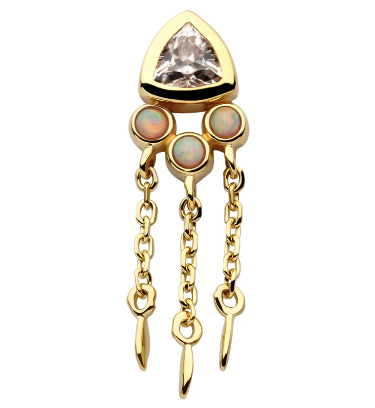 14kt Gold Triangle CZ Triple White Opalite Dangle Threadless Top - Mrs Treak
