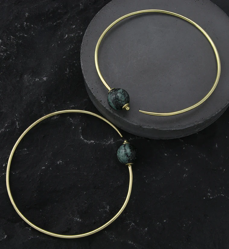 Green Jasper Stone Orb Brass Hangers / Plug Hoops - Mrs Treak