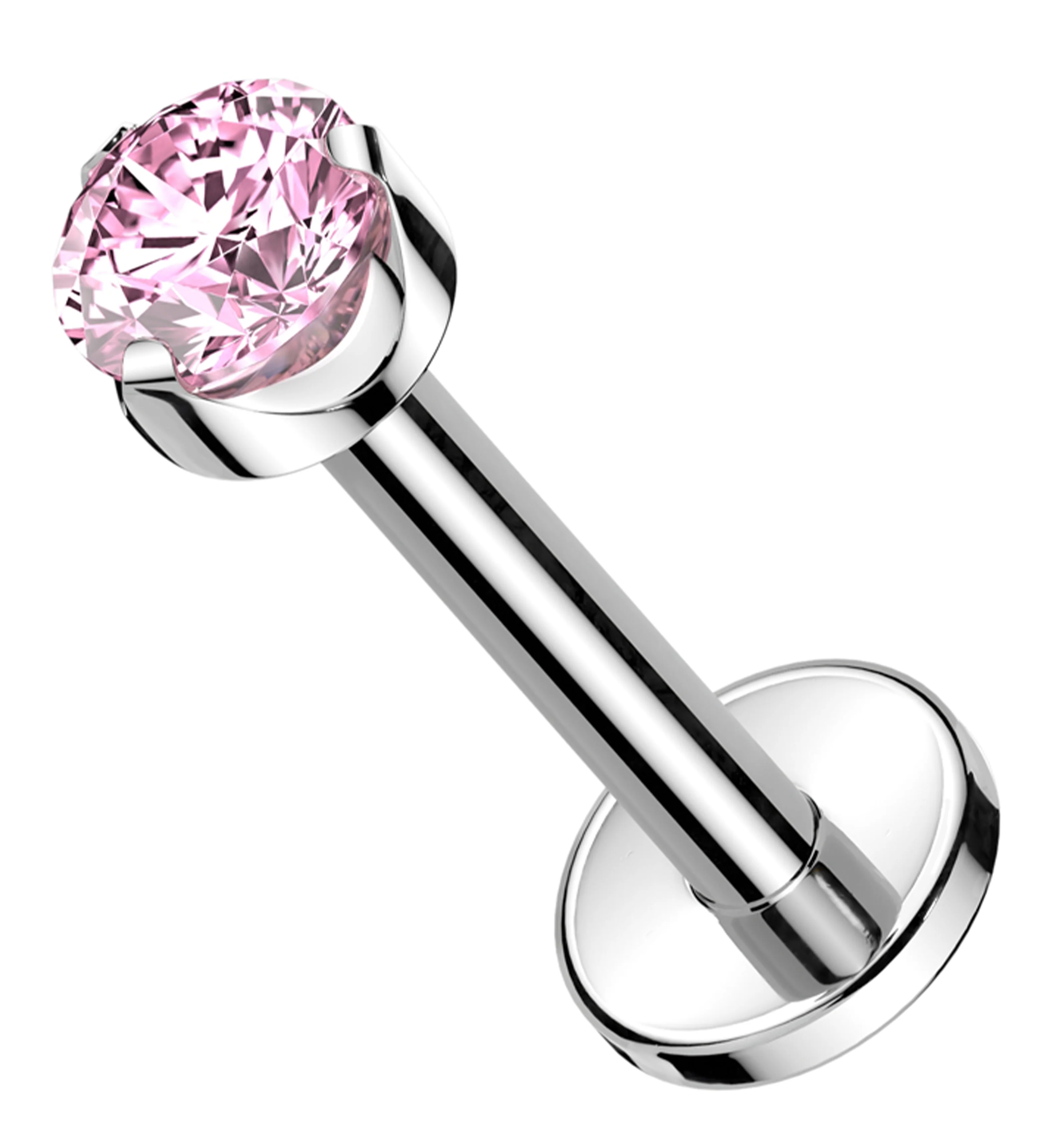 Flat Back Prong Pink CZ Internally Threaded Titanium Labret - Mrs Treak
