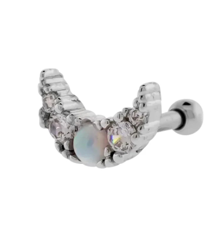 Crescent Moon Clear CZ White Opalite Stainless Steel Cartilage Barbell - Mrs Treak