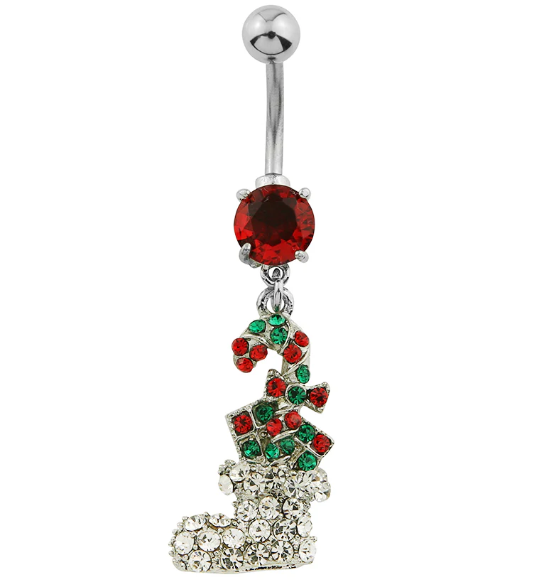 Candy Cane Stocking Dangle CZ Stainless Steel Belly Button Ring - Mrs Treak