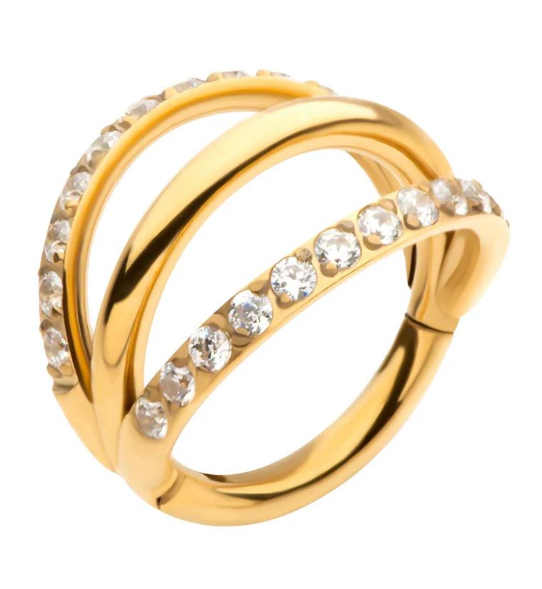 24kt Gold PVD Triple Side Bar Dual Clear CZ Row Titanium Hinged Segment Ring - Mrs Treak
