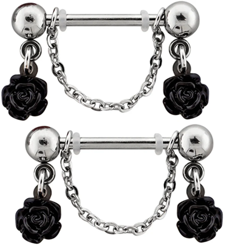 Black Rose Dangle Chain Stainless Steel Nipple Barbell - Mrs Treak