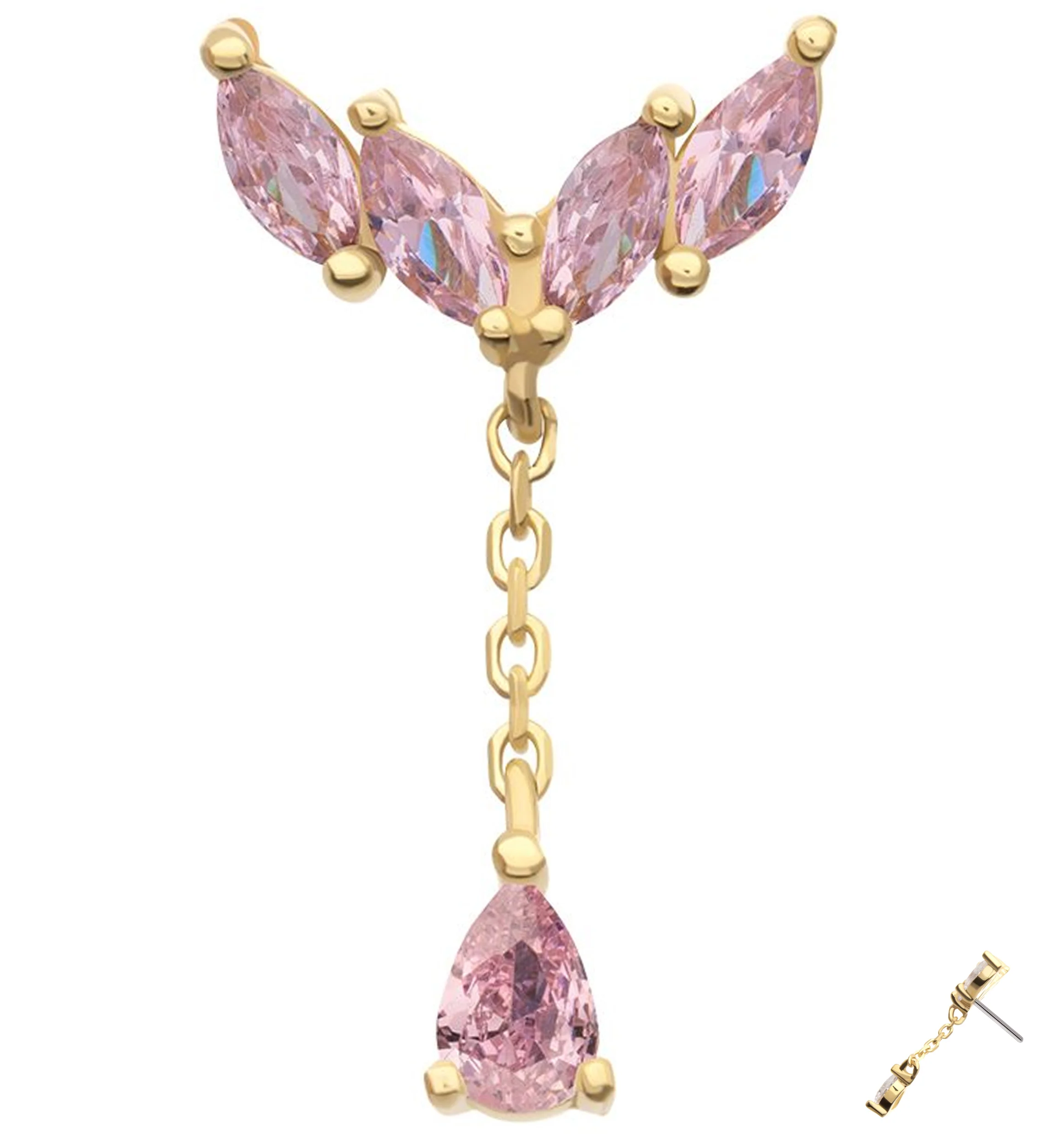 14kt Gold Arrow Marquise Pink CZ Dangle Threadless Top - Mrs Treak