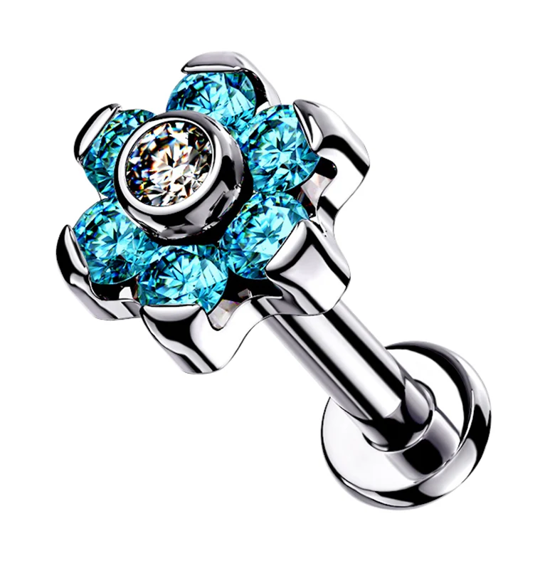 16G Aqua CZ Flower Top Titanium Labret - Mrs Treak