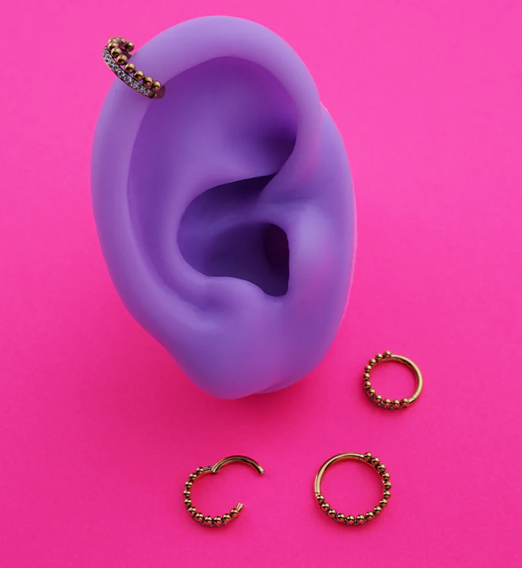 Gold PVD Clear CZ Beaded Row Stainless Steel Hinged Segment Ring - Mrs Treak