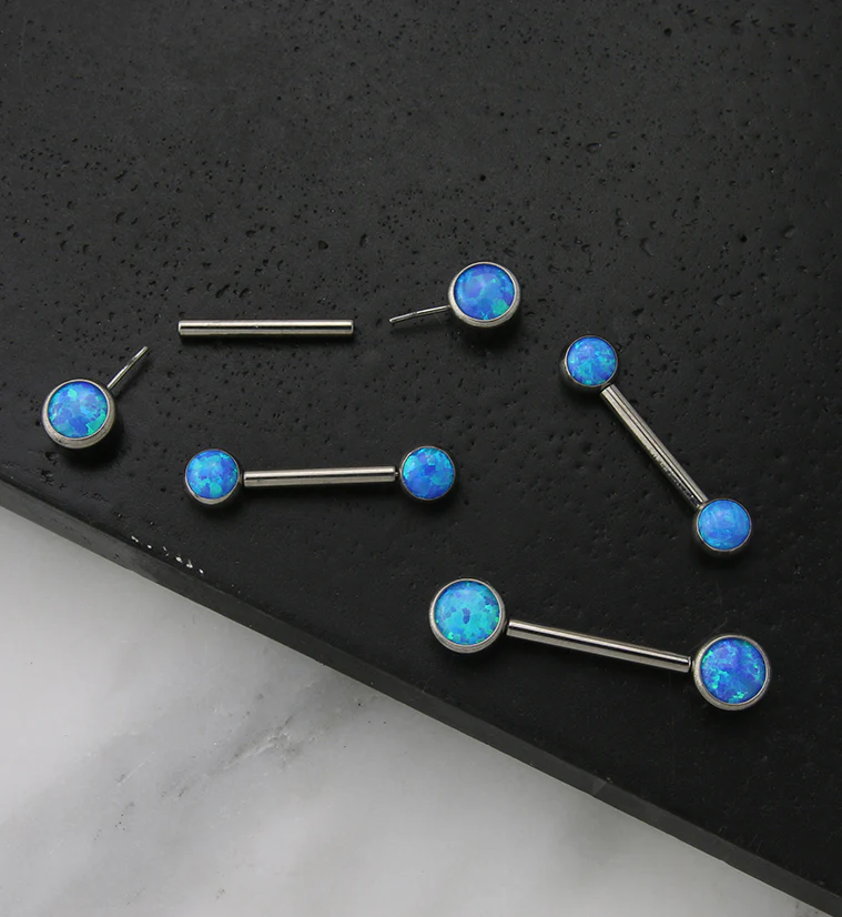 Dual Bezel Blue Opalite Titanium Threadless Nipple Ring Barbell - Mrs Treak