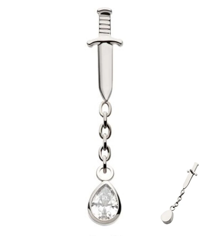 Dagger Dangle Chain Teardrop Clear CZ Internally Threaded Top - Mrs Treak