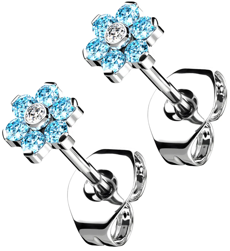 Flower Aqua CZ Titanium Threadless Earrings - Mrs Treak