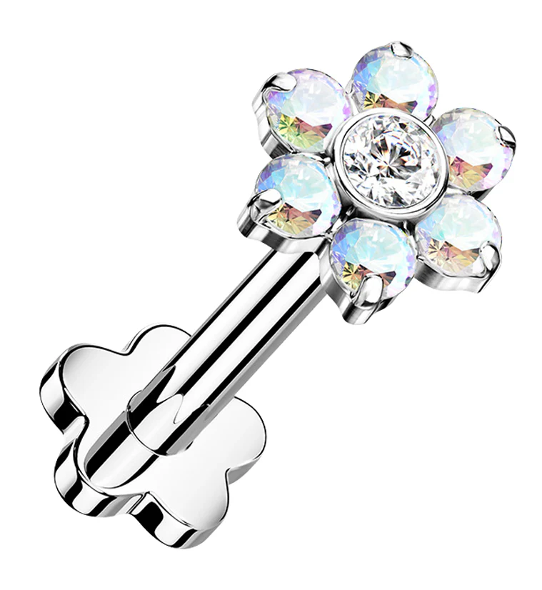 Rainbow Aurora CZ Flower Titanium Threadless Labret - Mrs Treak