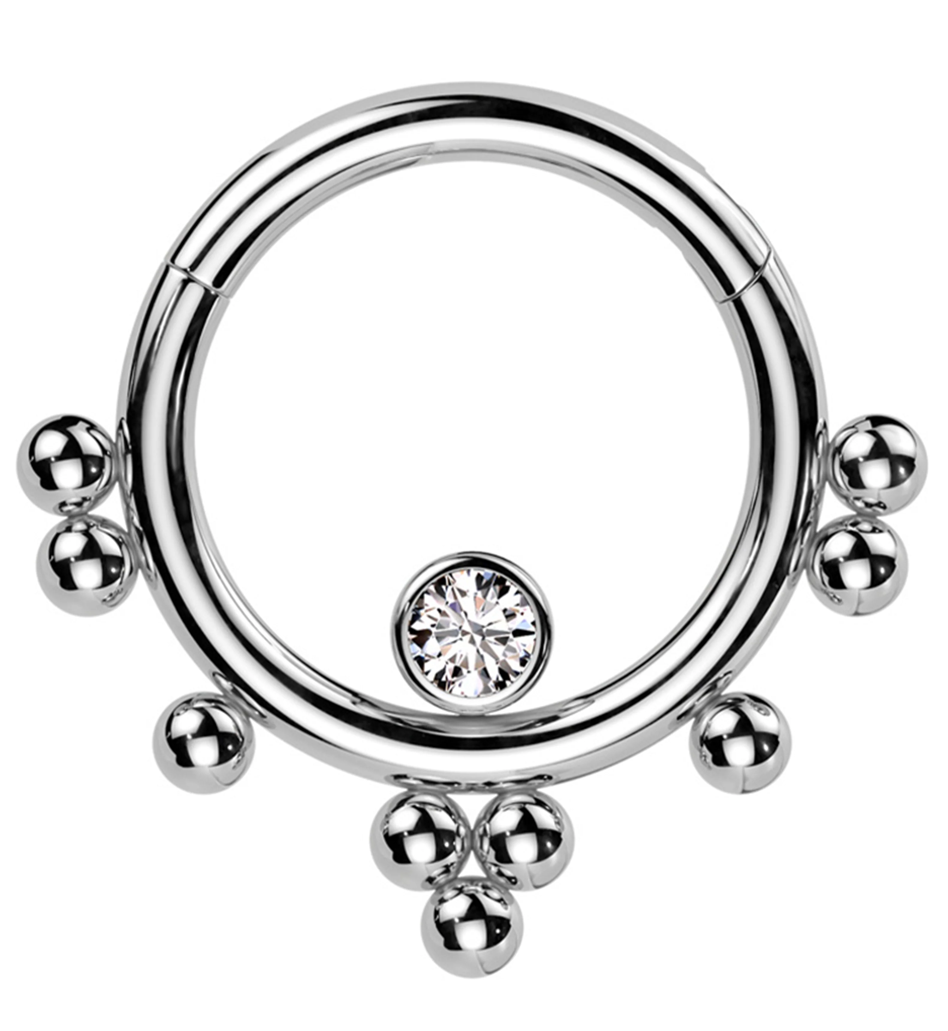 Beaded Cluster Clear CZ Stainless Steel Hinged Segment Ring - Mrs Treak