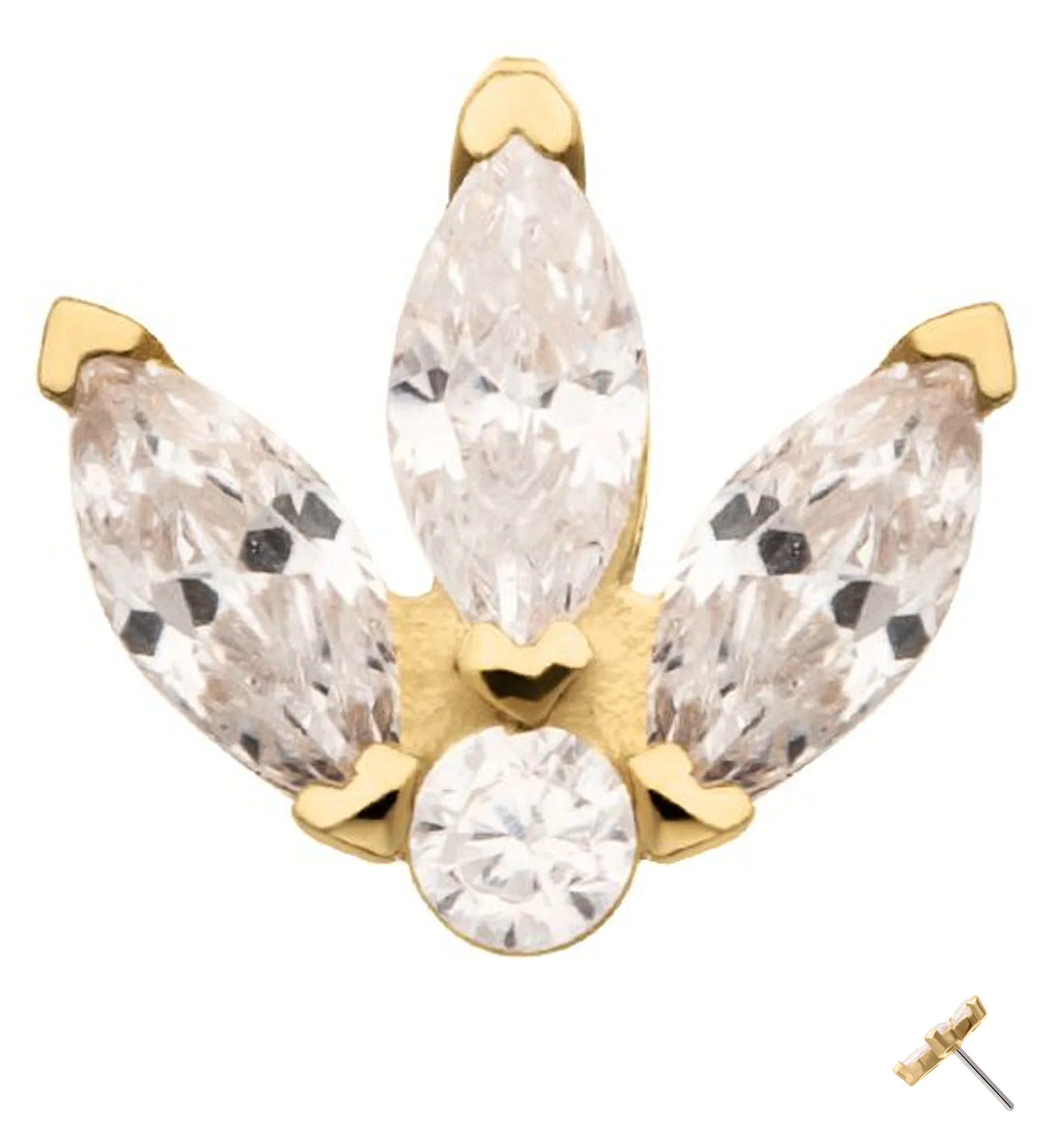 14kt Gold Tri Sepal Clear CZ Threadless Top - Mrs Treak
