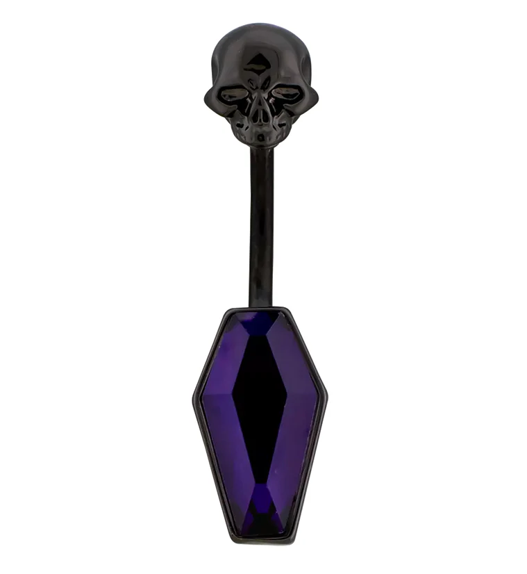 Black PVD Skull Coffin Purple CZ Stainless Steel Belly Button Ring - Mrs Treak