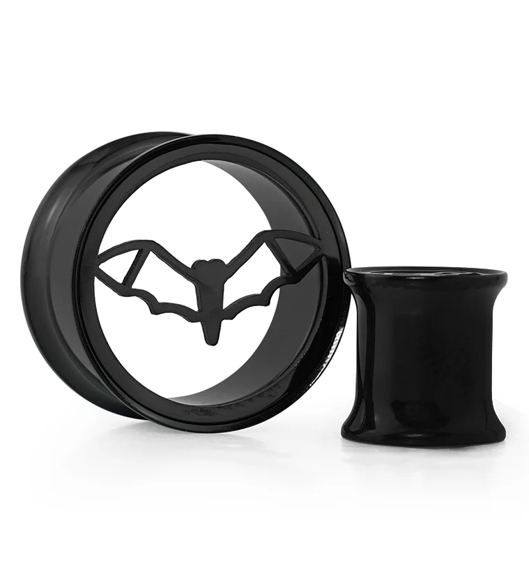 Black PVD Bat Sign Stainless Steel Double Flare Tunnel Plugs - Mrs Treak