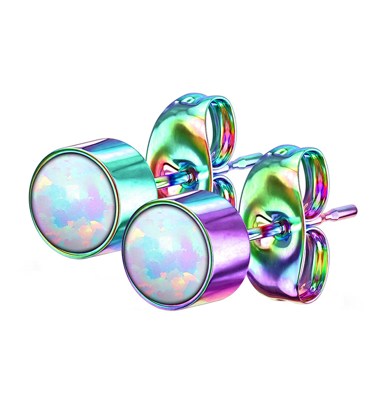 Rainbow PVD Bezel White Opalite Stainless Steel Earrings - Mrs Treak