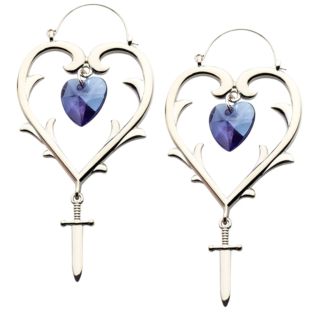 Purple CZ Heart Dagger Stainless Steel Plug Hoops - Mrs Treak