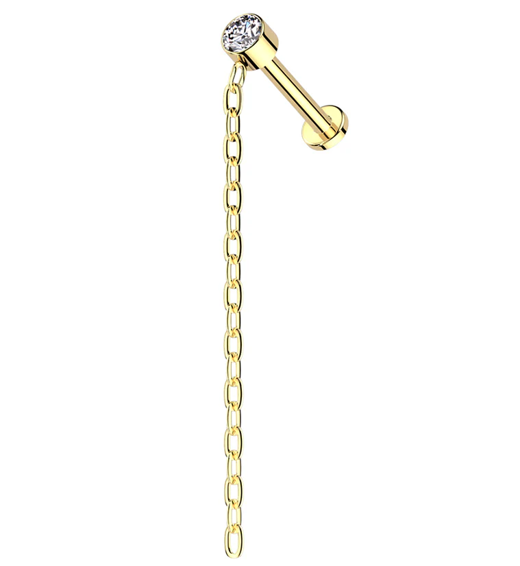 Gold PVD Single Dangle Chain Clear CZ Internally Threaded Titanium Labret - Mrs Treak
