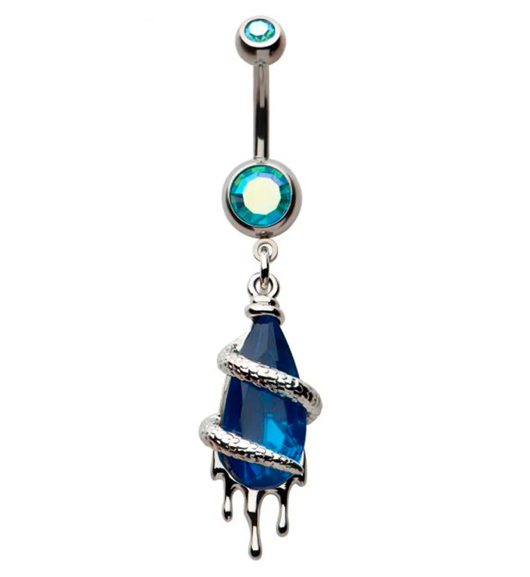 Dripping Snake Wrapped Blue Rainbow Aurora CZ Stainless Steel Belly Button Ring - Mrs Treak