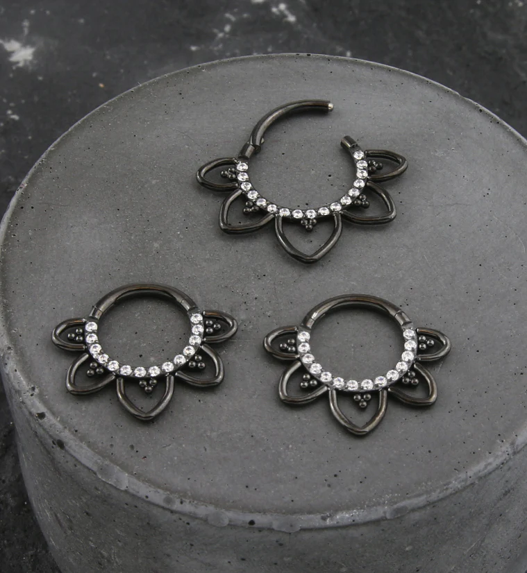 Black PVD Flower Trace Clear CZ Titanium Hinged Segment Ring - Mrs Treak