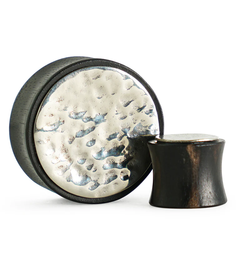 Hammered White Brass Inlay Areng Wood Plugs - Mrs Treak