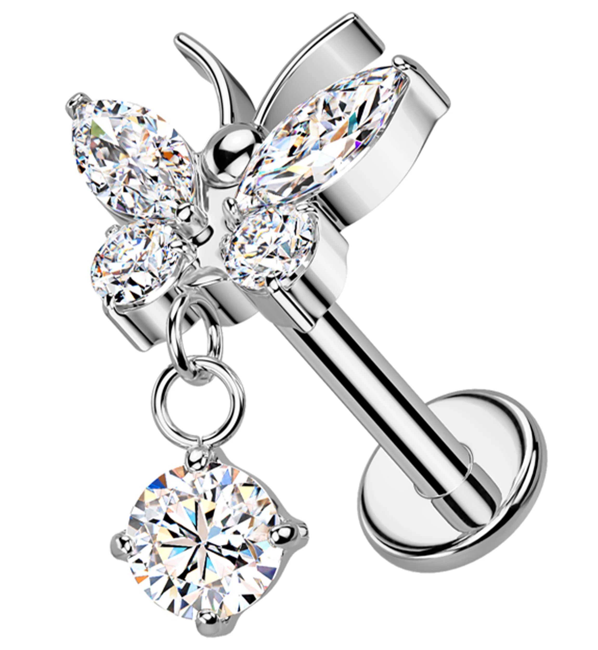 Butterfly Clear CZ Dangle Internally Threaded Titanium Labret - Mrs Treak