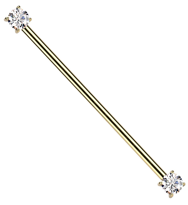 Gold PVD Prong Clear CZ Threadless Titanium Industrial Barbell - Mrs Treak