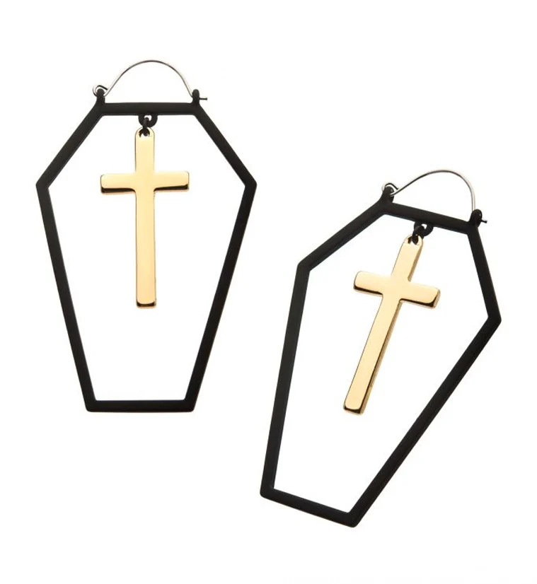 20G Black Coffin Outline Gold Cross Plug Hoops - Mrs Treak