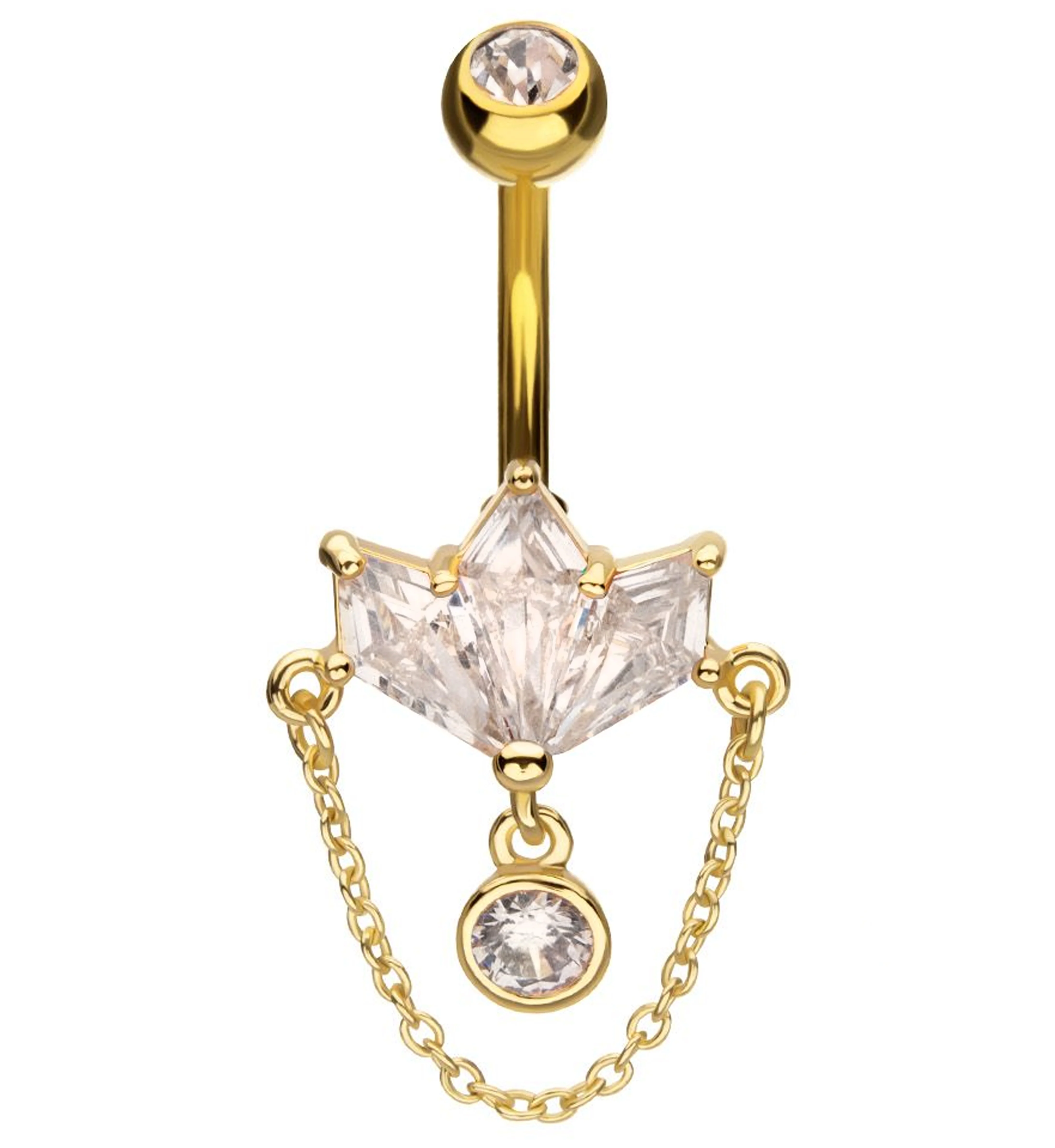 Gold PVD Triple Poly Clear CZ Dangle Chain Stainless Steel Belly Button Ring - Mrs Treak