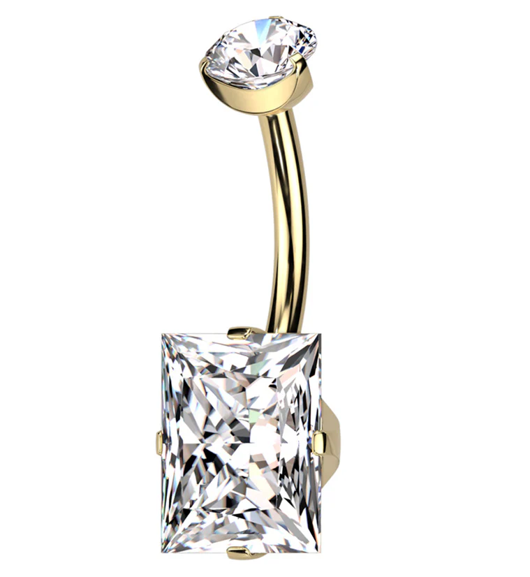 Gold PVD Emerald Clear CZ Internally Threaded Belly Button Ring - Mrs Treak