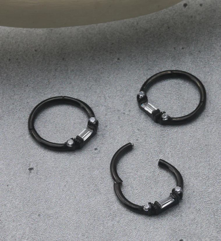 Black PVD Round & Baguette CZ Beaded Hinged Segment Ring - Mrs Treak