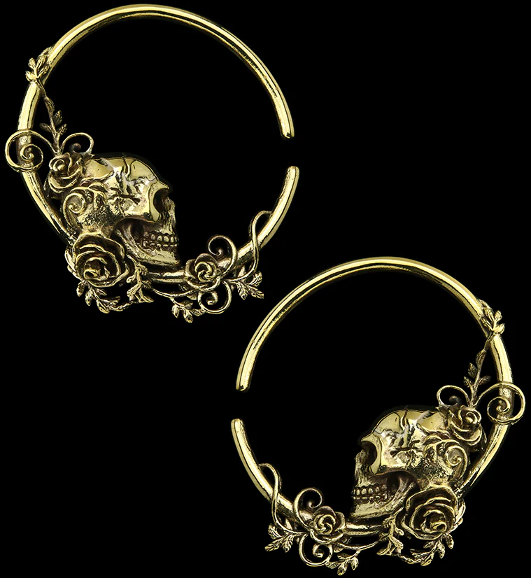 Skull & Roses Hoop Brass Ear Weights - Mrs Treak