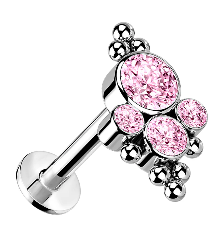 16G Beaded Array Pink CZ Titanium Threadless Labret - Mrs Treak
