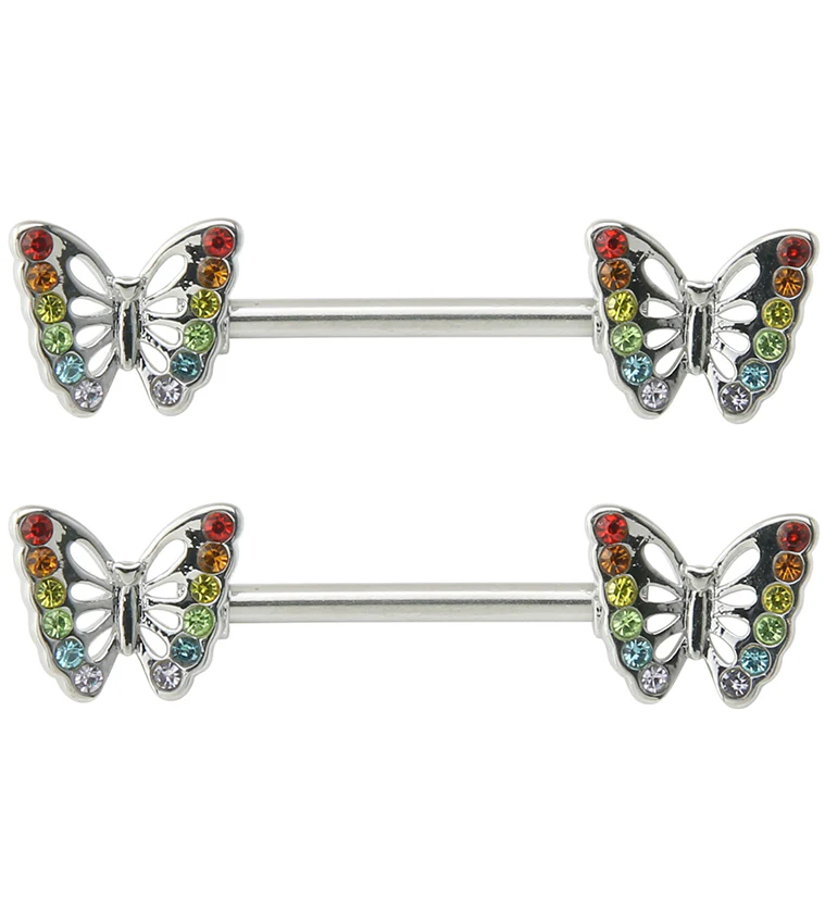 Rainbow Butterfly Stainless Steel Nipple Barbell - Mrs Treak